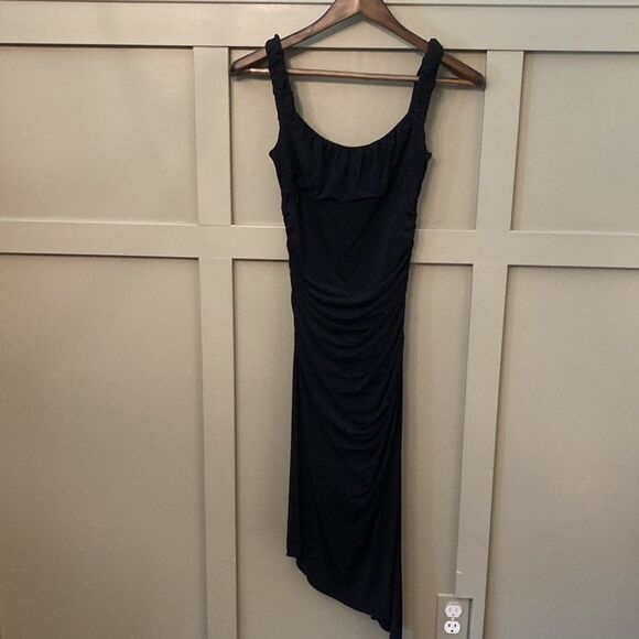 BCBG maxAzria ruched asymmetric hem midi dress black size XS - Picture 7 of 15